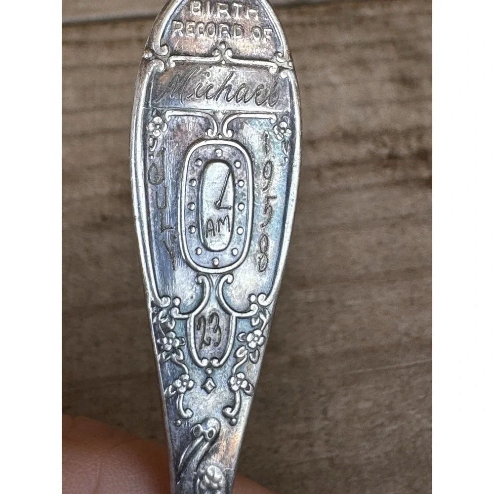 Vtg Silver-Plate WM Rogers Birth‎ Record Baby Spoon Stork Engraved Michael 1958